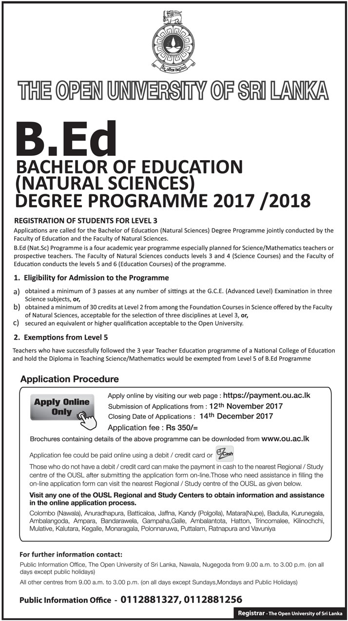 Bachelor of Education (Natural Sciences) Degree Programme (2017/2018) - The Open University of Sri Lanka